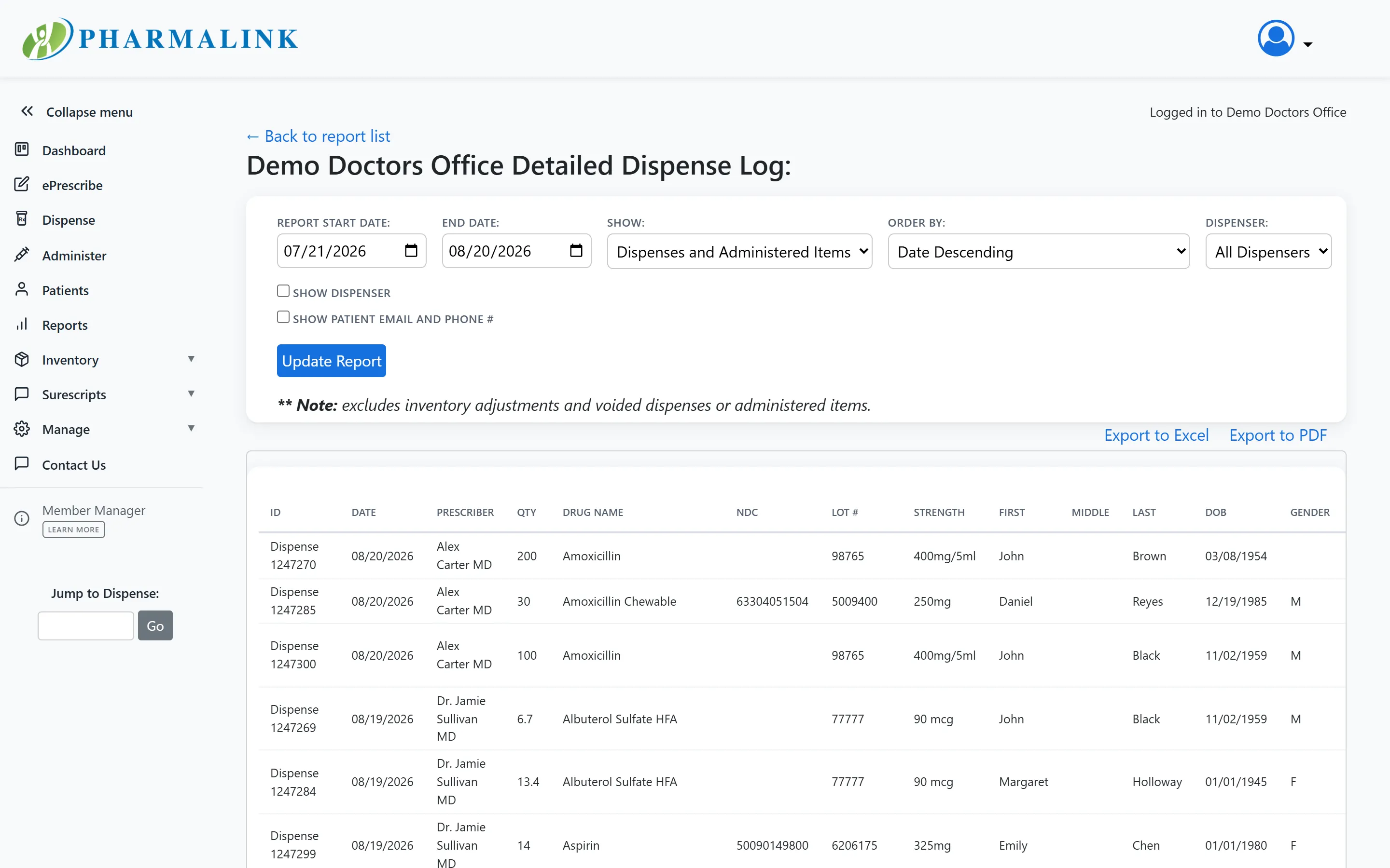 PharmaLink detailed dispense log with date, dispenser, and record-type filters and Excel and PDF export