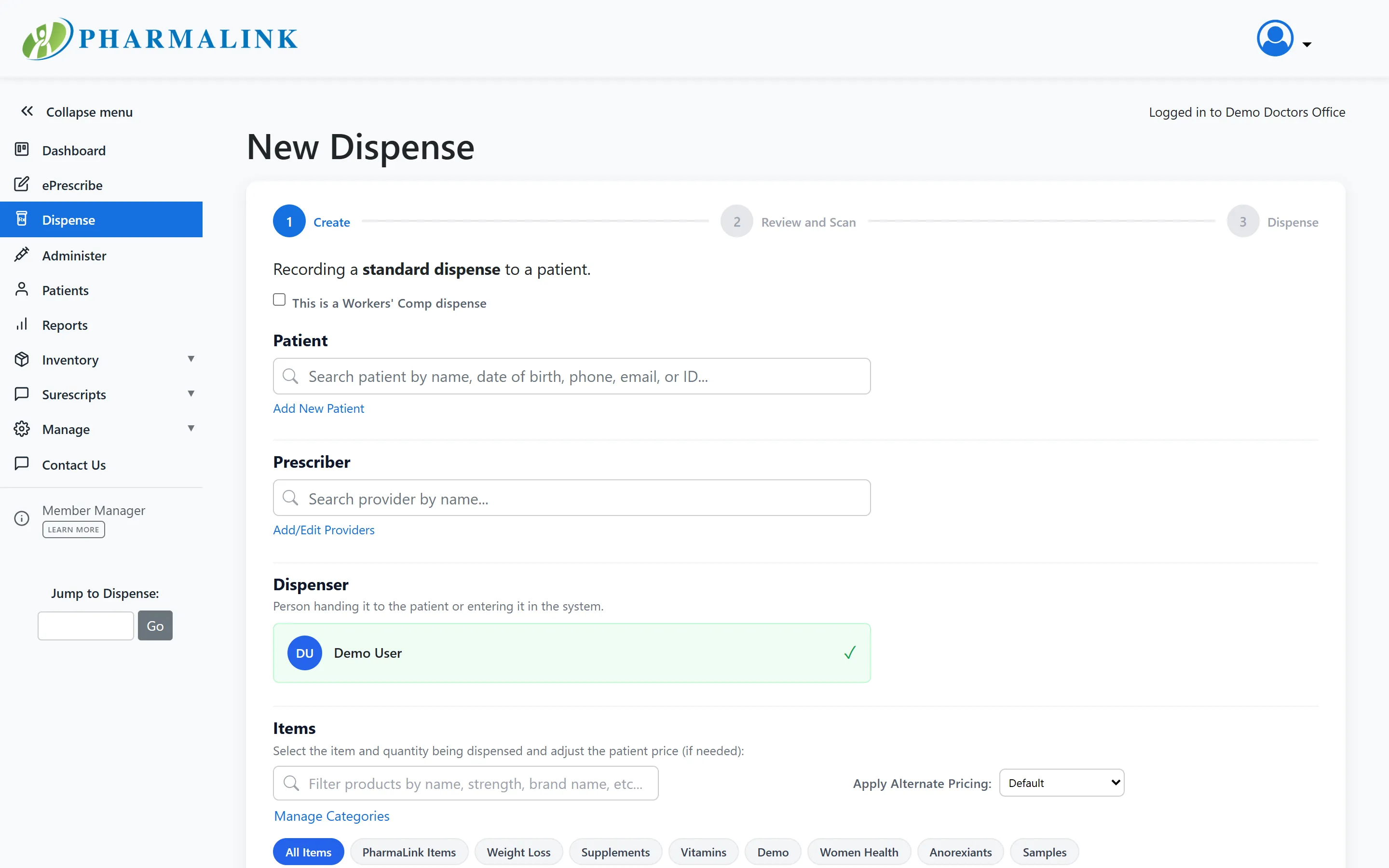 PharmaLink dispensing screen with guided steps for patient, provider, and medication selection