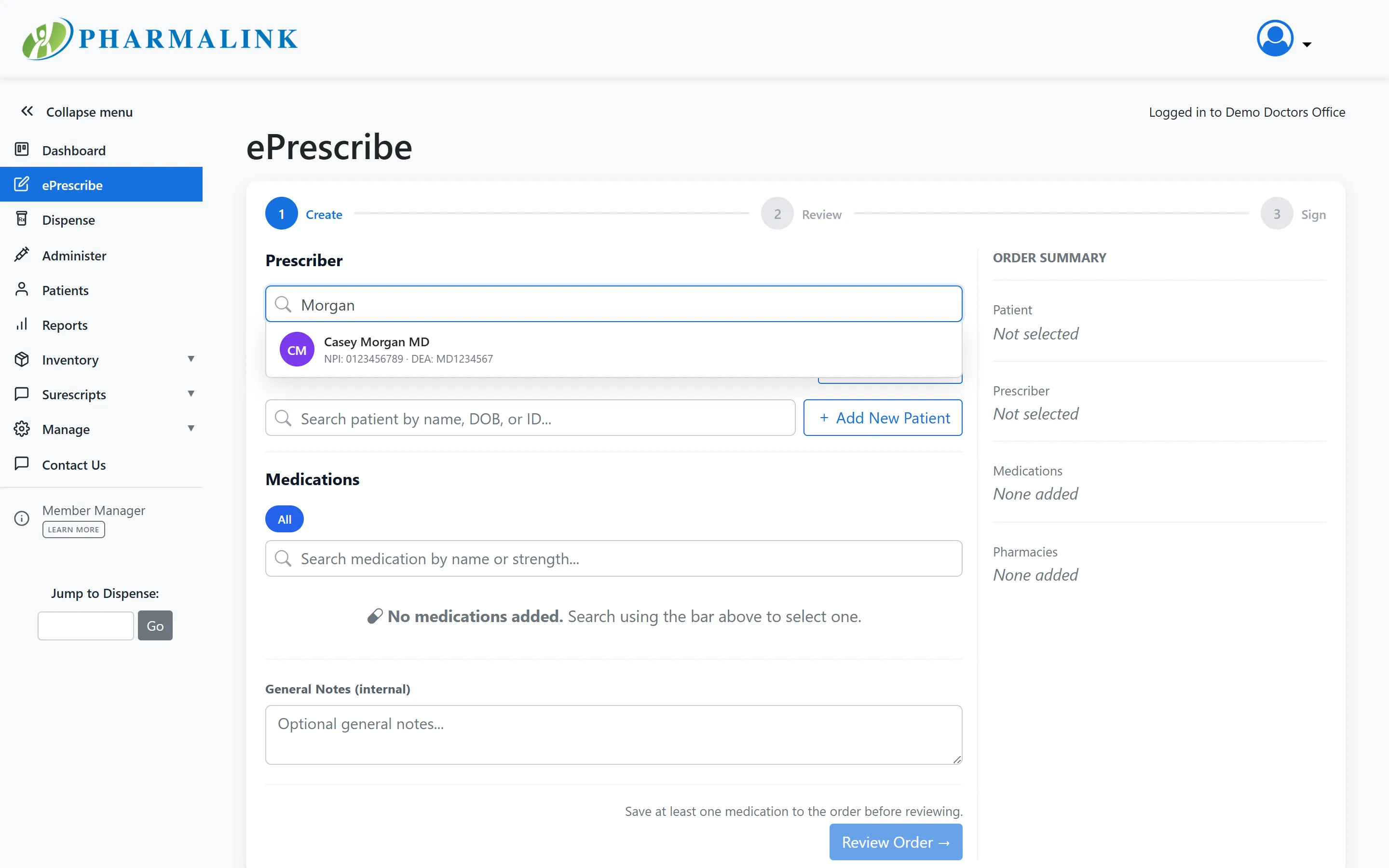 PharmaLink ePrescribe composer with prescriber, patient search, medication search, and order summary