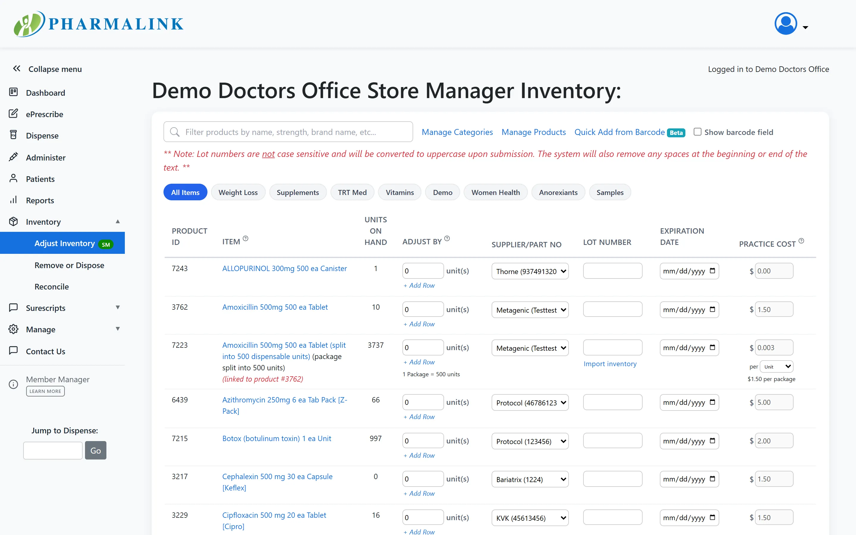 PharmaLink Store Manager inventory screen with products, units on hand, supplier and part number, lot numbers, expiration dates, and practice cost