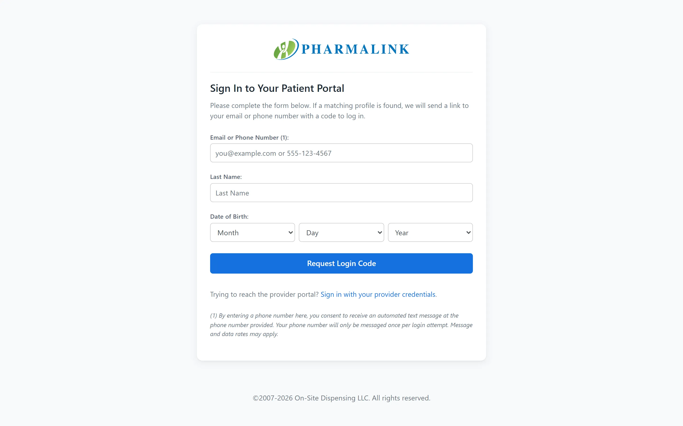 PharmaLink patient portal passwordless login requesting a one-time code