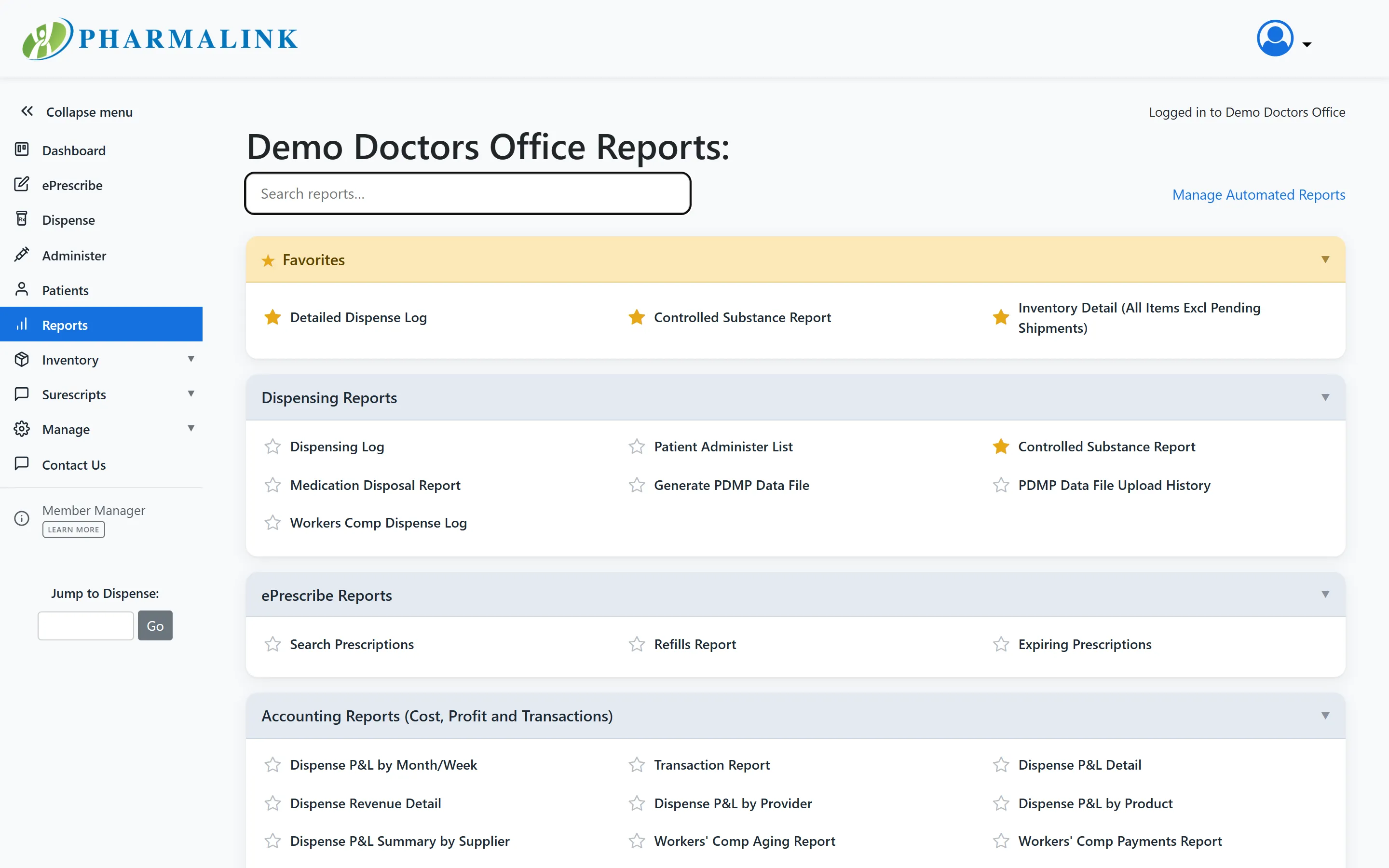 PharmaLink reports catalog with starred favorites, dispensing and ePrescribe reports, and automated report delivery